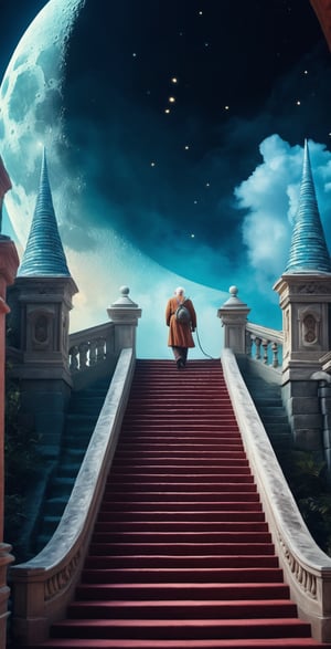 Lenkaizm Prompt: realistic cinematic photo of an old man climbing a very long magical crystal-stairs to the moon, dreamlike color inspired by Disney World, (hyper-realistic:0.7), dreamlike color composition, cinematic lighting, cloud, fantasy , extremely detailed, high quality, high resolution, 16k, blurry_light_background, Antonella Fant