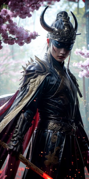 A heroic Asian warrior stands triumphantly, donning intricate black and gold armor adorned with spikes and ornate details. Glowing blue eyes pierce through the darkness, surrounded by two curved horns on their head. A flowing cape billows behind them as they assume a powerful fighting stance. Against the serene backdrop of a cherry blossom tree and ancient Saolin temple, the warrior's intense gaze radiates energy, drawing attention to the glowing armor details and piercing blue face paint.