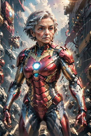 An old grandma wearing ironman suit, superhero pose, hdr, high_res, 8k, high quality, intricate details, hyper-detailed, ultra-realistic photo, masterpiece, film still
