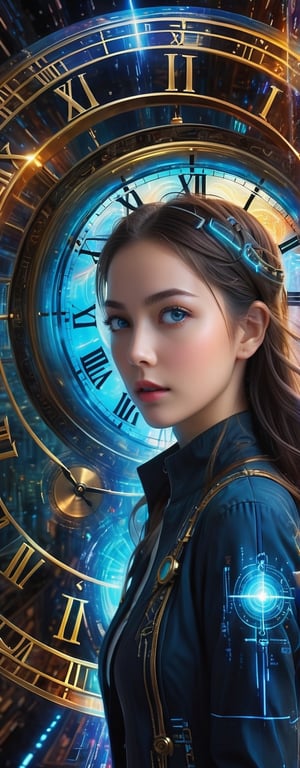 Envision an enchanting girl who time travel to the past in a labirin full of clock, surround her with time dimension as she travel in time, multiple variation of clock hovering in the air, detailed face, blue eyes, long hair, gazing to the sky, wearing time travel enchanting fashion, ultra detailed, best quality, vivid color, absurdity, time travel effect, speed of light, worm hole,Time Travel Style, sharp focus, centered image, wide shot, fisheye lens effect,GlowingTat, worm hole, science_fiction, time_paradox, super detailed background, intricate textures, macro detailed