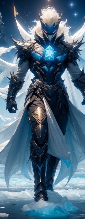 Ice theme, 1man, solo, very muscular body, blue starry eyes, long spiky hair, white hair, angry, powerful appearance, magical surrealism, thick double layer armored blue metal golden robe, warframe, astral chain, ice_wings, standing on icy lake, Gorgeous, ethereal aura, ray tracing, sidelighting, detailed face, bright skin, dreamlike atmosphere, starry nebula background, Sharp glossy focus, equirectangular 360, Highres 8k, extreme detailed, aesthetic, masterpiece, best quality, rich texture, kinetic move effect, colorful,Movie Still,r1ge,IceElementCh,ice_sculpture,ic34rmor,DonMGl4c14l
