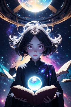 1girl, holding a crystal glass ball that encasing a whole nebula within, study room full of flying book in the background, perfect hand, perfect finger, 1 small cute ghoul flying in the air, complex_bg, vibrant color, shining clothes that embracing entire universe, glowing llight sparkles