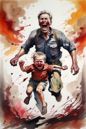  color ink drawing, a histeric father screaming and running while carrying his bloody child in the midst of war, sharp focus, complex_background, extremely detailed, thick brush, lenkaizm, award-winning art, algorithmic artistic, best quality, masterpiece. 