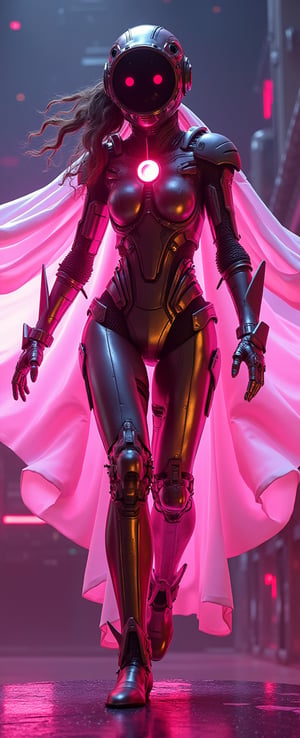 (best quality, masterpiece, ultra-detailed, 32k:1.2), Lenkaizm style, high-resolution image that captures the essence of a dynamic character in a futuristic setting, wearing metal suit, wear futuristic helmet, The character is poised energetically, with flowing garments suggesting motion. Incorporate a vivid color scheme with pink, and reflective gold metal, reminiscent of nightcore aesthetics. Use dramatic backlighting to emulate a neon glow, contrasting with the darker hues of a cosmic backdrop , she is bright , The image should mimic the depth of field and clarity with sharp focus on the character and a blurred background. Add realistic textures to the character's clothing and hair, and include a visible light source in their suit's rivet, producing a gleaming, otherworldly effect. Ensure the overall composition resembles a candid snapshot, capturing a spontaneous moment of action in a surreal, sci-fi universe, Her eyes are pink, her entire body, she is making a gesture of reaching out for something above, a leaping pose, mecha hand,  RTX shader, unreal engine 5, complex, hyper realism, many details, dramatic lighting