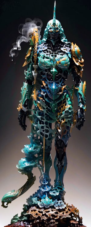 (masterpiece, top quality, best quality, official art, aesthetic:1.2), (1girl:1.2),  Green  mecha, (mechanical machine arms:1.2),  glass mask helmet with mechanical horn antenna,  shiny eyes  wide shoulder pad armor,  synthetic leg with nanofiber muscle, finely detailled,  profesional lighting,  physically-based rendering,  UE5,  16K,  highly detailed,  best quality, ink,mecha musume, Crisp image, extremely detailed, sci-fi, fantasy, Clear, high resolution, 8k resolution , futuristic, hyperrealistic, More Detail, symmetrical,  glow in the dark, behind incense cauldron