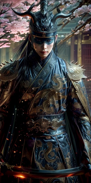 A heroic Asian warrior stands triumphantly, donning intricate black and gold armor adorned with spikes and ornate details. His Glowing blue eyes pierce through the darkness, surrounded by two curved horns on their head. muscular body. A flowing cape billows behind them as they assume a powerful fighting stance. Against the serene backdrop of a cherry blossom tree and ancient Shaolin temple, the warrior's intense gaze radiates energy, drawing attention to the glowing armor details and piercing blue face paint.