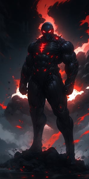 (High Quality: 1.4), (UHD 16K), (((Ultra-Realistic photo))), create a picture of a man wearing futuristic nanosuit armor with red light fibers muscle, muscular strong, his body emitting great amounts of hot steam, wearing half-face hazmat mask, moonlight shining in the sky, from below shot, cinematic, insane details, More Detail, algorithmic details shadow and lighting, sharp facus, translucent material, 1man, solo, intricate details,Realism,r1ge