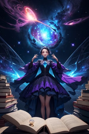 1girl wearing ghoul dress, holding a crystal glass ball that encasing a whole nebula within, study room full of flying book in the background, complex_bg, vibrant color, shining clothes that embracing entire universe, glowing llight sparkles