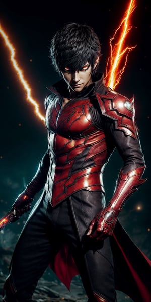 1 man, handsome, ren amamiya, glowing red eyes, sharp look, super detailed eyes, evil smile, super detailed face, dual wielding his signature assasin weapon, wear trickster assasins suit embroidered with golden shiny persona symbol, masterpiece, best quality, 
high resolution, 8k, intricate detail, detailed face, glowing, elemental lightning mixed with fire wind light, backlight, omni light medium brightness, semi realistic mixed with 3d anime style, 