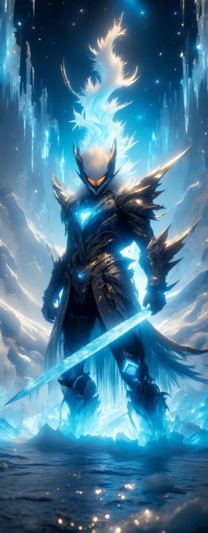 Ice theme, 1man, solo, very muscular body, blue starry eyes, long spiky hair, white hair, angry, powerful appearance, magical surrealism, thick double layer armored blue metal golden robe, warframe, astral chain, ice_wings, standing on icy lake, Gorgeous, ethereal aura, ray tracing, sidelighting, detailed face, bright skin, dreamlike atmosphere, starry nebula background, Sharp glossy focus, equirectangular 360, Highres 8k, extreme detailed, aesthetic, masterpiece, best quality, rich texture, kinetic move effect, colorful,Movie Still,r1ge,IceElementCh,ice_sculpture,ic34rmor,DonMGl4c14l,DonMSn0wM4g1c