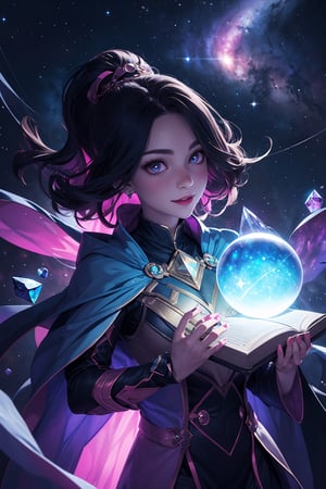 1girl, holding a crystal glass ball that encasing a whole nebula within, study room full of flying book in the background, complex_bg, vibrant color, shining clothes that embracing entire universe, beside her there is a cute flying ghoul, glowing llight sparkles