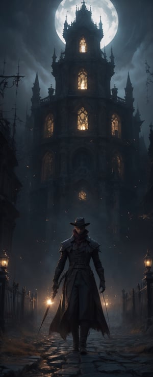 (RAW photo, HDR:1.2), (Hyper-realistic:1.4), (super detailed:1.4), (high quality, 8k), Lenkaizm, Envision a bloodborne warrior standing in front of castle gate, detailed face, red eyes, surrealism, gigantic, ethereal, fantasy realm, mysty environment, high contrast, volumetric lighting casting a sharp shadow to add more mysterious atmosphere, masterpiece, foggy background, cloud_scape, front light, flying lantern, complex terrain, detailed background, intricate texture and details,Blue Backlight,Maria