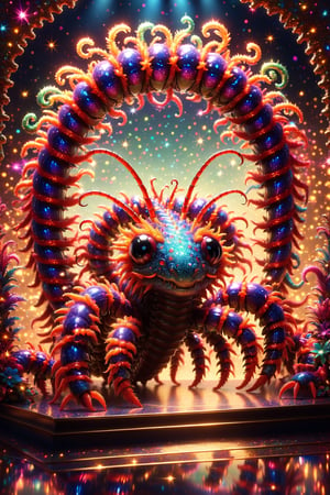 draw a cheerful cute fuzzy psychedelic centipede on a strangely decorated stage, diverse and colorful, high depth of field, soft lighting, glitter, photorealistic, highly detailed, best quality, 16k, all picture in frame, centered, shiny reflection, sharp shadow, cinematic, (masterpiece:1.5) ,BJ_Sacred_beast