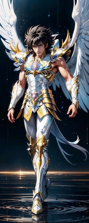 1man, solo, muscular, strong jaw, masculine looks, 18 years old, asian, black hair, toned muscular body, Saint Seiya knight of the zodiak: Pegasus Seiya, white red suit, realistic, high quality, Masterpiece, High resolution, 8k, ultra detailed, reflection, sharp focus, symetrical, full body, (Photography + Abstract Expressionism + Realism) ,zzhyogacygnuszz in armor,Masterpiece,xxseiyapegasusxx