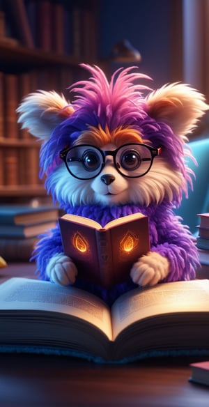 fuzzy creature wearing glasses reading magic book, digital art style, high_res, 8k, HDR, high quality, hyper-detailed, cinematic lighting 