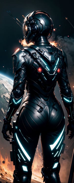 (masterpiece, best quality), (hyper-realistic:1.4), Lenkaizm, 8k, absurd res, high res, (masterpiece:1.4), ultra-detailed, Envision an astronaut exploring a mysterious planet, big breast, wearing futuristic space helmet equipped with light visor, mechanical back skeleton suit, neon led line stream on suit, holding rifle, space, cosmos, planet, flower, galaxy, outer space, starry, from behind shot, cinematic, dramatic