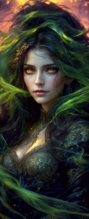 ((masterpiece)), (8k, photorealistic, RAW photo, best quality:0.8), Lenkaizm style, A captivating portrait of 'A Lady Poison' emerges as the camera captures her ethereal essence against a warm, golden hour backdrop. Soft, luminescent green smoke wisps delicately around her figure, while her piercing yellow eyes gleam with sharp intensity. The subject's enchanting allure is heightened by the cinematic atmosphere and photorealistic 8K resolution, showcasing every detail from the subtle curves of her features to the intricate textures of her attire. The image exudes an otherworldly quality, as if frozen in the midst of a mystical ritual.