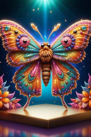 draw a cheerful cute fuzzy psychedelic moth on a strangely decorated stage, diverse and colorful, high depth of field, soft lighting, glitter, photorealistic, highly detailed, best quality, 16k, all picture in frame, centered, shiny reflection, sharp shadow, cinematic, (masterpiece:1.5) 
