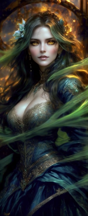 ((masterpiece)), (8k, photorealistic, RAW photo, best quality:0.8), Lenkaizm style, A captivating portrait of 'A Lady Poison' emerges as the camera captures her ethereal essence against a warm, golden hour backdrop. Soft, luminescent green smoke wisps delicately around her figure, while her piercing yellow eyes gleam with sharp intensity. The subject's enchanting allure is heightened by the cinematic atmosphere and photorealistic 8K resolution, showcasing every detail from the subtle curves of her features to the intricate textures of her attire. The image exudes an otherworldly quality, as if frozen in the midst of a mystical ritual.