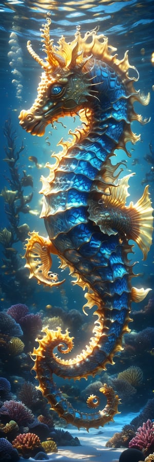 Bioluminescent giant golden seahorse with transparent glass scales, shiny blue eyes,in the ocean, high contrast, cinematic light, more detail XL,BJ_Sacred_beast, extremely detailed, photorealistic, best quality, 16k, hi-res, official_art,Sci-fi, 