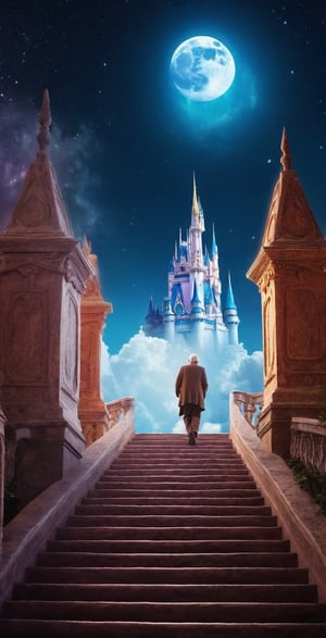 Lenkaizm Prompt: realistic cinematic photo of an old man climbing a very long magical crystal-stairs to the moon, dreamlike color inspired by Disney World, (hyper-realistic:0.7), dreamlike color composition, cinematic lighting, cloud, fantasy , extremely detailed, high quality, high resolution, 16k, blurry_light_background, Antonella Fant,Magical Fantasy style