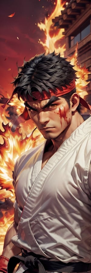 (high quality, masterpiece:1.3, 16k hdr image) Extremely detail picture of Evil Ryu from Street Fighter game, short black hair, bold eye brow, strong jaw, red heroic eyes, evil look, evil smile, Veined mucle, flying burning flowers petals, fire sparks, extremely detailed black eyes, emitting red ki chakra aura around the body, shining skin, hyper-defined, wearing wear out dusty karate dogi uniform, blood on uniform, fighting ready pose, luminous hues of golden siluet background, scenery, outdoor, building, More Detail,sfr1v