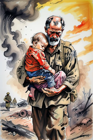  color ink drawing, a sad father carrying his dying child in the midst of war, sharp focus, complex_background, extremely detailed, thick brush, lenkaizm, award-winning art, algorithmic artistic, best quality, masterpiece. 