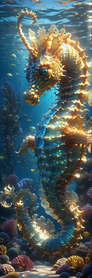 Bioluminescent giant golden seahorse with transparent glass scales, shiny blue eyes,in the ocean, high contrast, cinematic light, more detail XL,BJ_Sacred_beast, extremely detailed, photorealistic, ray-tracing, detailed model, ultra detailed,best quality, 16k, hi-res, official_art,Sci-fi, ,more detail XL