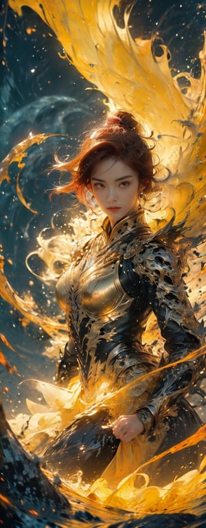 1girl, fiercely lunges towards her enemy, star in eye, blush, perfect illumination, caramel hair styled as short hair, bright red hair, wearing golden headband around the head, star jewel earing, red eyes,  dressed in outfit with outer golden chest armor, beautiful wings, spraying water droplets in all directions, Gorgeous, ethereal aura, ray tracing, sidelighting, detailed face, bangs, bright skin, dreamlike atmosphere, starry nebula background, Sharp glossy focus, equirectangular 360, Highres 8k, extreme detailed, aesthetic, masterpiece, best quality, rich texture, kinetic move effect, colorful,Movie Still,solo,r1ge,haifeisi