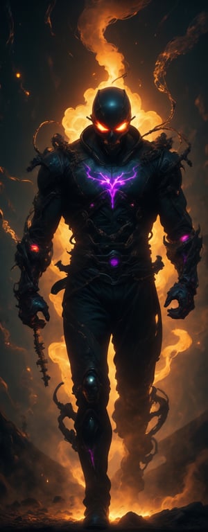 (((MASTERPIECE, best quality, highres, 8k, UHD, HDR))), (future technology), (close-up), venom face helmet, musculature, muscle, biomechanical long metal pant embroidery with glowing tetemic skull, blue to purple gradient background, glowing machine cord across the body, ((intense glowing neon light on muscle fiber)), black and golden steel, dark and sinister, volcano in the background, futuristic atmospheric world, nuclear machine, thermodynamic reactor body, Wonderful light and shadow effects, light particles, mixed machine with alien technology to show unique combination of absurdity of machinations, create an eye-stunning visual to bring viewer to the land of fantasy and machines, ,DonMM4ch1n3W0rld ,Gold_Zeo_Ranger, r1ge, chaotic, apocalyptic, visually encouraging,ven0mancer