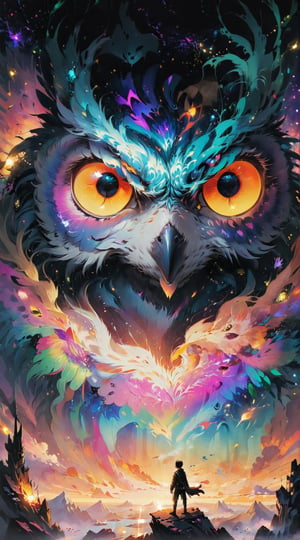 (Masterpiece:1.4,high quality:1.4, HDR) (ultrarealistic:1.4),Movie Poster, a man with owl head, glittery eyes, cute_fang, cuteness overload, imagine a colorful background contrasting with void blackness around the man, algorithmic fractal art, sparkling light shining from heaven, confronting the siluet into the background to create a mesmerizing sharpness image,MoviePosterAF