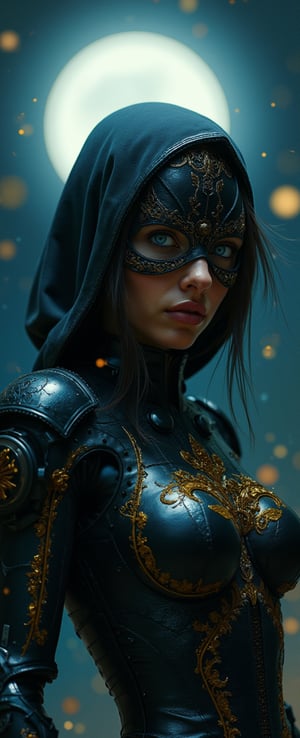 (best quality, masterpiece, ultra-detailed, 32k:1.2), fantasy photography editorial, woman under moonlight silhouette, wearing tight thief suit embroidery with gold symbol, masked face, shiny blue eyes, mecha left hand, action pose, vivid reflections, looking at the photographer, natural light, glittery dust in the air, bokeh light