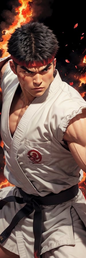 (high quality, masterpiece:1.3, 16k hdr image) Extremely detail picture of Ryu from Street Fighter game, short black hair, bold eye brow, strong jaw, heroic eyes, Veined mucle, flying burning flowers petals, fire sparks, extremely detailed black eyes, emitting red ki chakra aura around the body, shining skin, hyper-defined, wearing wear out dusty karate dogi uniform, blood on uniform, fighting ready pose, luminous hues of golden siluet background, scenery, outdoor, building, More Detail,sfr1v