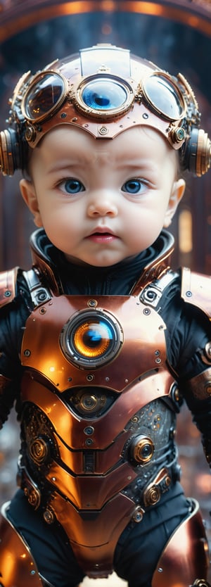 best quality, high resolution, 8k, realistic, sharp focus, (hyperdetailed:1.4), high contrast, (hdr:1.6), Lenkaizm, full body shot, photorealistic image of baby,  very realistic eyes, wears biomechanics armor, dynamic pose, reflection, bokeh, Temple background, blurry_light_background, Movie Still, photo r3al,Extremely Realistic,ministop,DonMCyb3rN3cr0XL , konbini,steampunk style,  all body in frame
