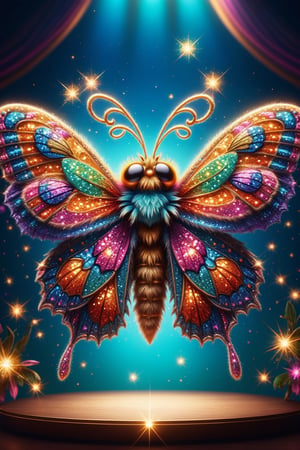 draw a cheerful cute fuzzy psychedelic moth on a strangely decorated stage, diverse and colorful, high depth of field, soft lighting, glitter, photorealistic, highly detailed, best quality, 16k, all picture in frame, centered, shiny reflection, sharp shadow, cinematic, (masterpiece:1.5) 