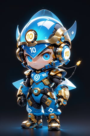 Create a digital mascot with specs a blue and white eye mascot with neon wiring and translucent eye visor chip and circuitry, put a  helmet visor with gold and metallic translucent glass in the forehead, in the style of futuristic mascot, some translucent electrical wiring and gold metal bolt to form a majestic component formation on this mascot body, (((put number 10 on body))), Square neon ***LENKAIZM***