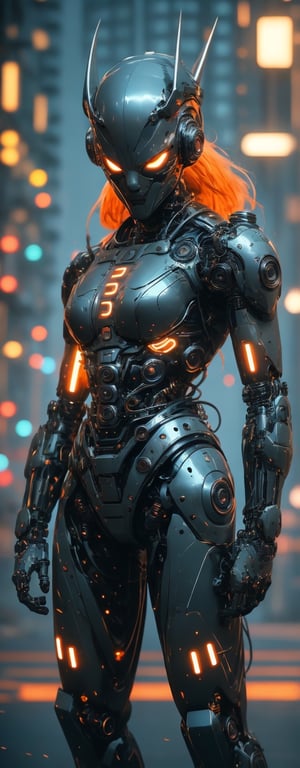 ((best-quality)), ((​masterpiece)), (((best-detail))), ((hyper realistic image)), Envision a cyber police, metal horn, Royal Crown, freckle skin, fiery orange hair, Very long braids, blue eyes, semi parted lips,  wearing electric mechanical bodysuit decorated with luminous lines and rivets streamer LED effect, mechanical arms equipped with mantis blade and spikes, robotic joints, add some glowing elements and special effect, pure energy chaos, cross-shaped glow, light particles, subsurface dispersion, glowing cyber parts, looking at camera, on the move, Raw Photo,Movie Still, night time, night city background, SelectiveColorStyle, very detailed, intricate details, high resolution, super complex details, duotone lighting,dark anime, Sci-fi, (Many colors:1.4), (steampunk decorative elements, cogs, cybernetic glow)