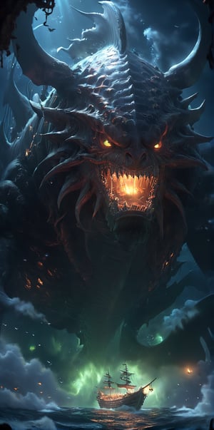 (((masterpiece, best quality, ultra-detailed, photorealism))), Legendary beast of deep lurking in the darkest ocean, masterpiece, high-resolution wallpaper, fantasy beast, translucent body, glowing eyes, sharp fin and thick scale ,BJ_Sacred_beast, gigantic, pirate ship attack