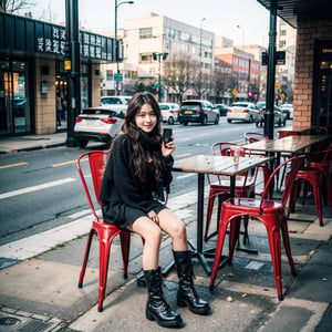 best quality, masterpiece, (photorealistic:1.4), 1girl, messy_hair, wind, expensive clothes, cold, scarf, skirts,outdoor, table, chairs, cross leg, full body, boot, (happy:0.88), 