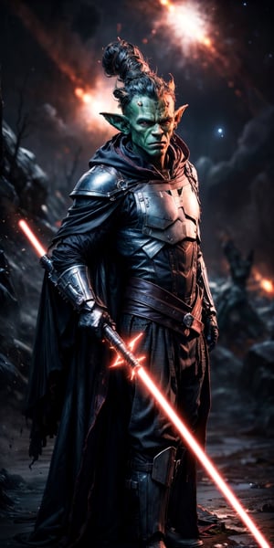 1man, In the outer space, a muscular goblin with sith outfit  surrounded by cosmos light from space, green shiny skin, ((super_perfect_good anatomy head face eyes fingers arms)),  , lightsaber in hand, more details,sthoutfit, battlefield 