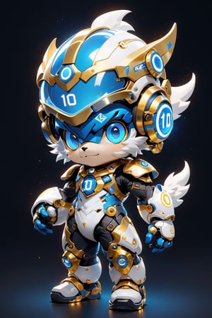 Create a digital mascot with specs a blue and white eye mascot with neon wiring and translucent eye visor chip and circuitry, put a  helmet visor with gold and metallic translucent glass in the forehead, in the style of futuristic mascot, some translucent electrical wiring and gold metal bolt to form a majestic component formation on this mascot body, (((put number 10 on body))), This mascot shall be a luck totem and bless the owner with endless creativity in order to create a better digital world for Artificial intelligence Artist in the world! ***LENKAIZM***