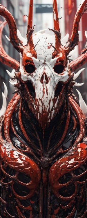 (Photography + Abstract Expressionism + Realism), create an amalgation of holy creature born from blood, bathed in blood, red snake eyes, half body, this creature was wild and violent, rotten flesh, bloody body bones, highly detailed, high quality, 8k, extremely realistic, full_mask,blood