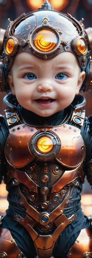 best quality, high resolution, 8k, realistic, sharp focus, (hyperdetailed:1.4), high contrast, (hdr:1.6), Lenkaizm, full body shot, photorealistic image of baby, evil smile, very realistic eyes, wears biomechanics armor, dynamic pose, reflection, bokeh, Temple background, blurry_light_background, Movie Still, photo r3al,Extremely Realistic,ministop,DonMCyb3rN3cr0XL , konbini,steampunk style,  all body in frame,steampunk