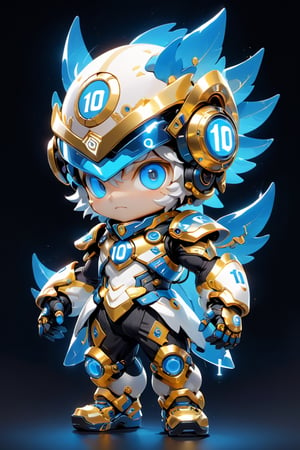 Create a digital mascot with specs a blue and white eye mascot with neon wiring and translucent eye visor chip and circuitry, put a  helmet visor with gold and metallic translucent glass in the forehead, in the style of futuristic mascot, some translucent electrical wiring and gold metal bolt to form a majestic component formation on this mascot body, (((put number 10 on body))), This mascot shall be a luck totem and bless the owner with endless creativity in order to create a better digital world for Artificial intelligence Artist in the world! ***LENKAIZM***