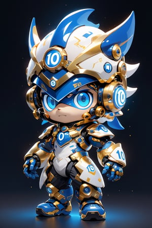 Create a digital mascot with specs a blue and white eye mascot with neon wiring and translucent eye visor chip and circuitry, put a  helmet visor with gold and metallic translucent glass in the forehead, in the style of futuristic mascot, some translucent electrical wiring and gold metal bolt to form a majestic component formation on this mascot body, (((put number 10 on body))), ***LENKAIZM***