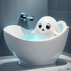 Lenkaizm prompt: no human,  japanese ghost kappa with semi transparent ethereal body ghost owl companion,  floating,  bathroom toilet washroom interior,  watersink,  bathup,  glossy tile,  water drip,  makoto shinkai style animation,((masterpiece,best quality)), absurdres,, Cute_Ghost, no humans, solo, ghost, floating, 