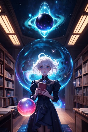 1girl wearing ghoul dress, holding a crystal glass ball that encasing a whole nebula within, study room full of flying book in the background, complex_bg, vibrant color, shining clothes that embracing entire universe, glowing llight sparkles