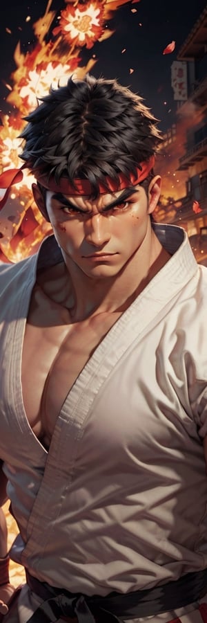 (high quality, masterpiece:1.3, 16k hdr image) Extremely detail picture of Evil Ryu from Street Fighter game, short black hair, bold eye brow, strong jaw, red heroic eyes, evil look, evil smile, Veined mucle, flying burning flowers petals, fire sparks, extremely detailed black eyes, emitting red ki chakra aura around the body, shining skin, hyper-defined, wearing wear out dusty karate dogi uniform, blood on uniform, fighting ready pose, luminous hues of golden siluet background, scenery, outdoor, building, More Detail,sfr1v