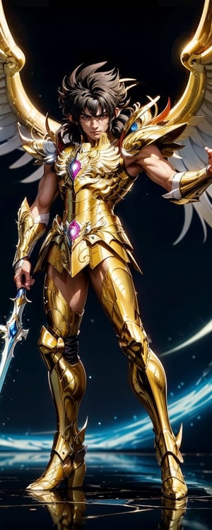 1man, solo, muscular, strong jaw, masculine looks, 18 years old, asian, black hair, toned muscular body, Saint Seiya knight of the zodiak: Pegasus Seiya, black golden suit, realistic, high quality, Masterpiece, High resolution, 8k, ultra detailed, reflection, sharp focus, symetrical, full body, (Photography + Abstract Expressionism + Realism) ,zzhyogacygnuszz in armor,Masterpiece,xxseiyapegasusxx