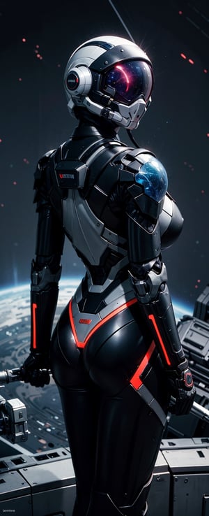 (masterpiece, best quality), (hyper-realistic:1.4), Lenkaizm, 8k, absurd res, high res, (masterpiece:1.4), ultra-detailed, Envision an astronaut exploring a mysterious planet, big breast, wearing futuristic space helmet equipped with light visor, mechanical back skeleton suit, neon led line stream on suit, holding weapon in hand, space, cosmos, planet, flower, galaxy, outer space, starry, cinematic, dramatic,hard_suit, from above shot